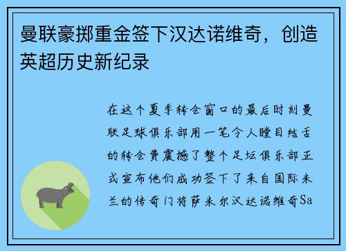 曼联豪掷重金签下汉达诺维奇，创造英超历史新纪录