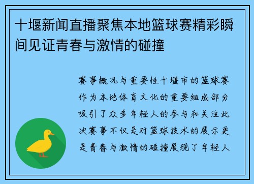 十堰新闻直播聚焦本地篮球赛精彩瞬间见证青春与激情的碰撞